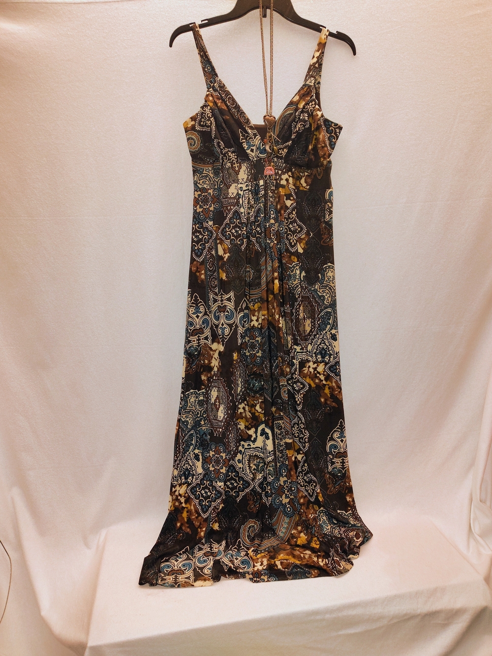 Paisley Print Maxi Dress with Spaghetti Straps in Black, Brown & Blue